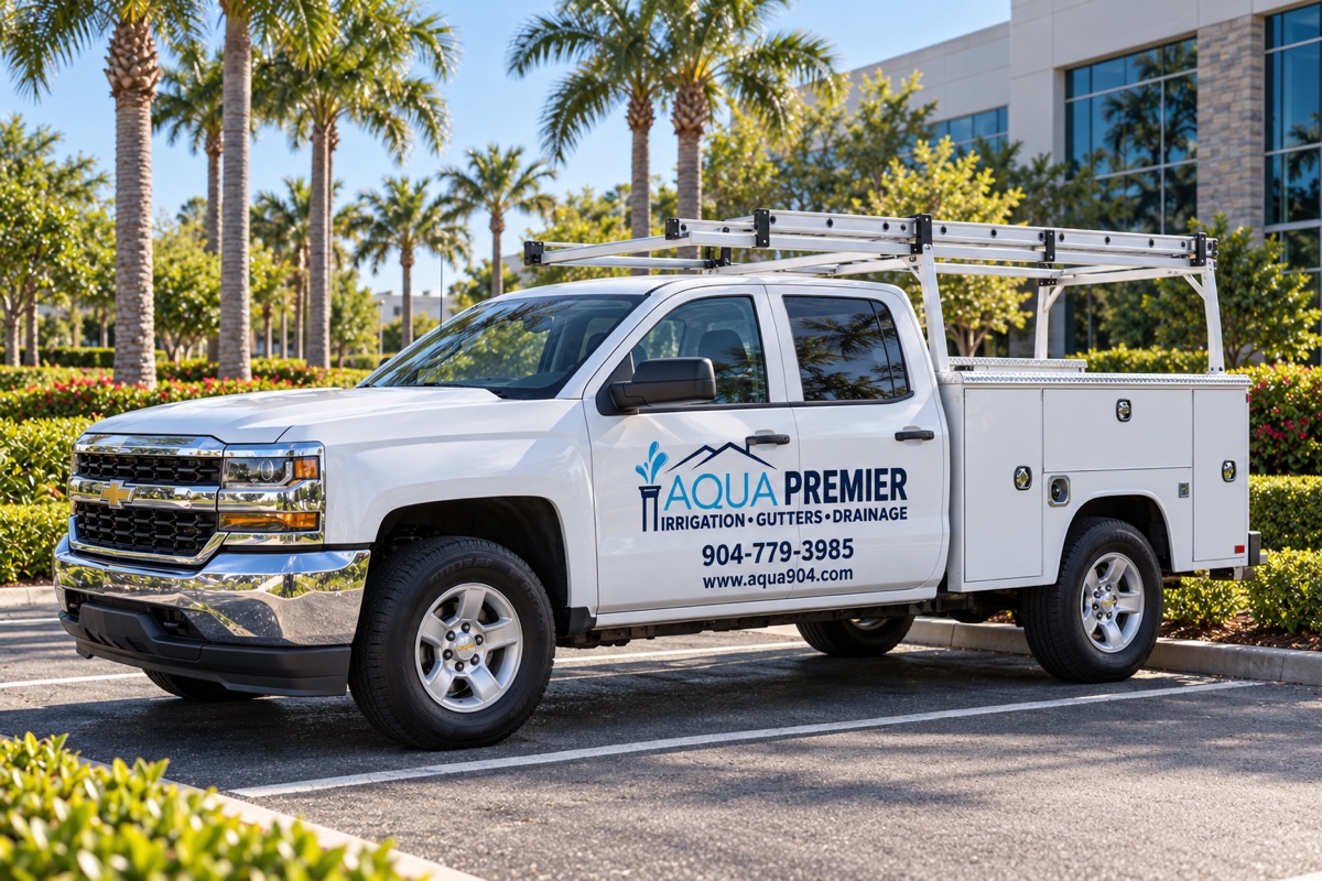 Aqua Premier service truck parked at a commercial property