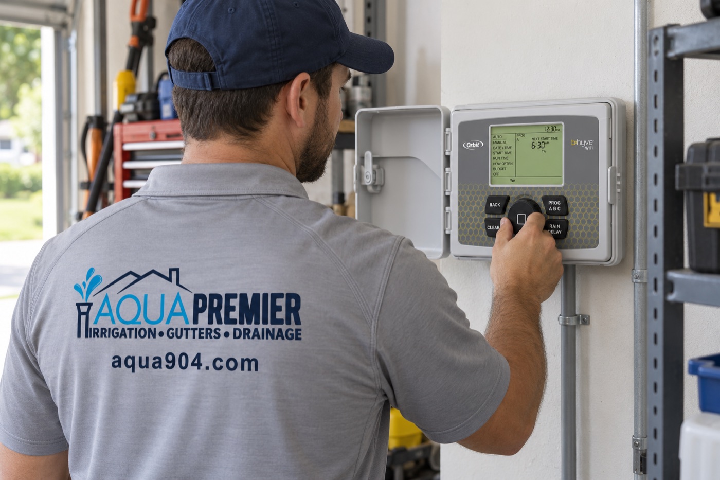 Aqua Premier technician programming an Orbit B-hyve Wi-Fi sprinkler timer in a Ponte Vedra garage — Orbit B-hyve controller install & repair by Aqua Premier