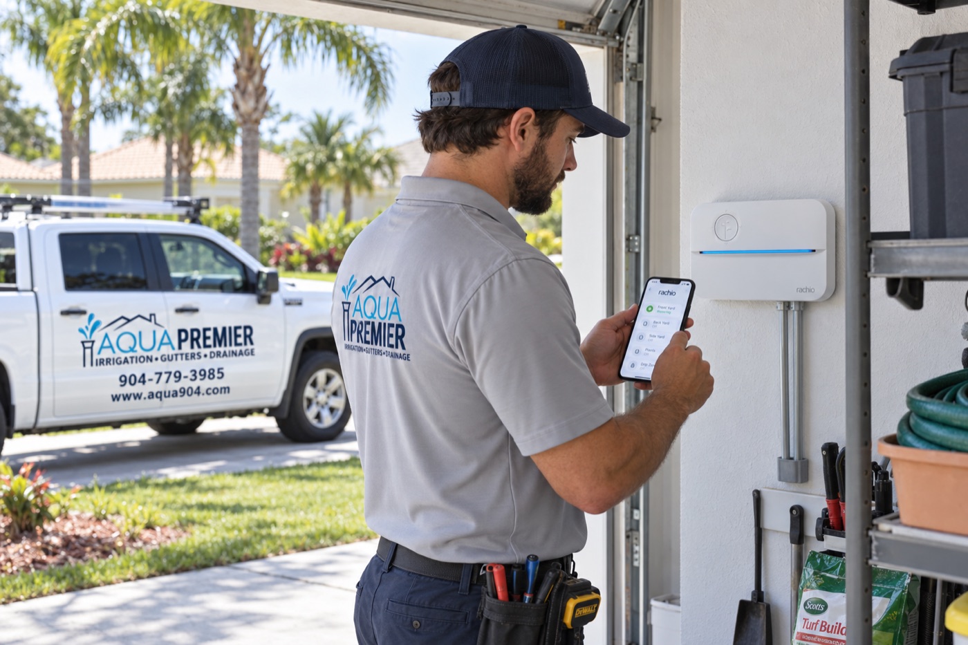 Technician setting up a Rachio smart sprinkler controller from the app in a Ponte Vedra garage — Rachio controller install & repair by Aqua Premier
