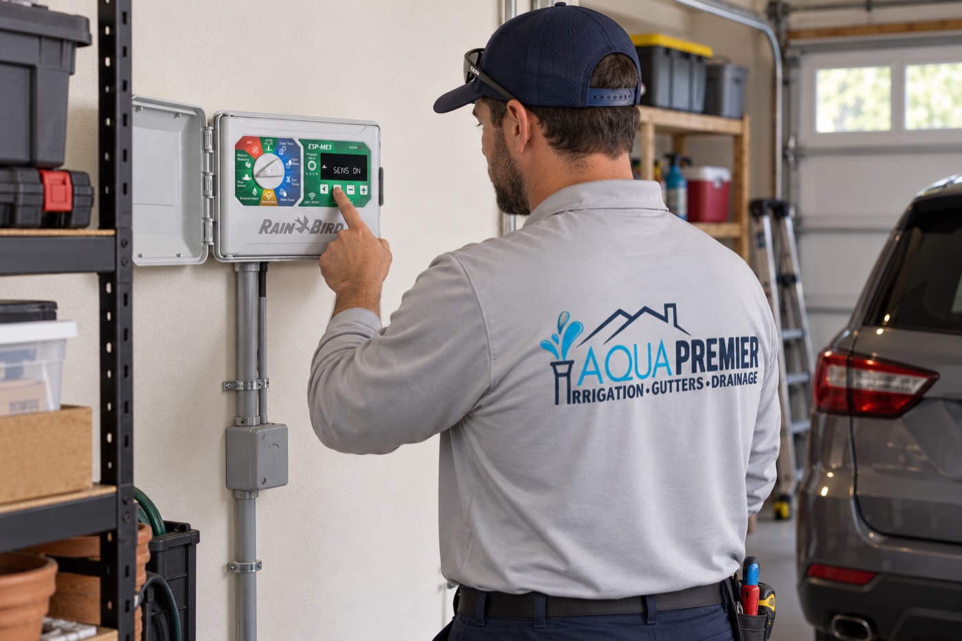 Rain Bird Wi-Fi irrigation controller mounted in a Ponte Vedra garage — Rain Bird Wi-Fi controller install & repair by Aqua Premier