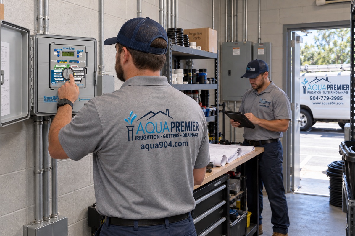 Technicians servicing a commercial irrigation controller in a maintenance shop