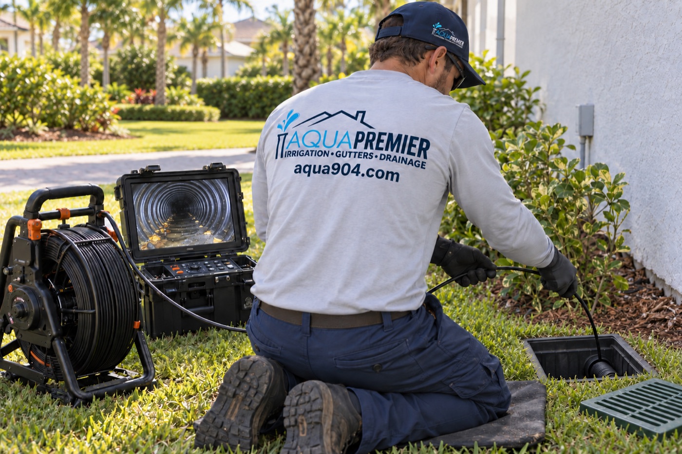 Drain camera inspection — technician feeding a waterproof camera into a yard drain catch basin with the pipe view on the monitor, Ponte Vedra Beach