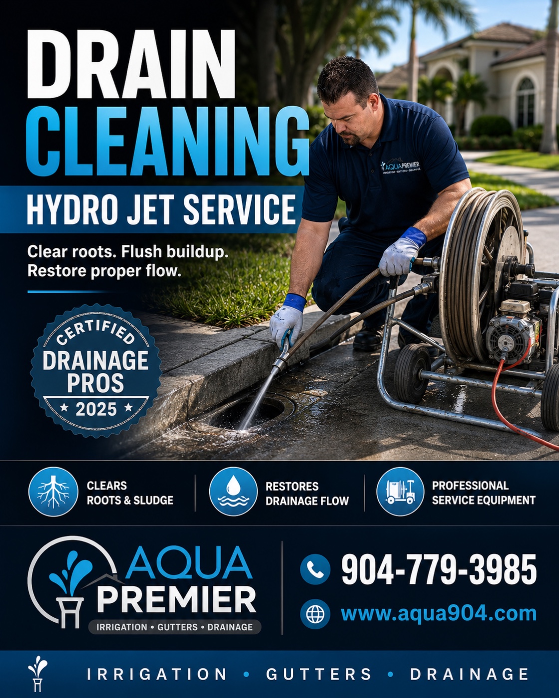 Aqua Premier Drain Cleaning Hydro Jet Service — clears roots and sludge, restores drainage flow with professional jetting equipment. Yard drains and French-drain systems only (we do not clean sewer lines). Certified Drainage Pros 2025. Call 904-779-3985 · aqua904.com