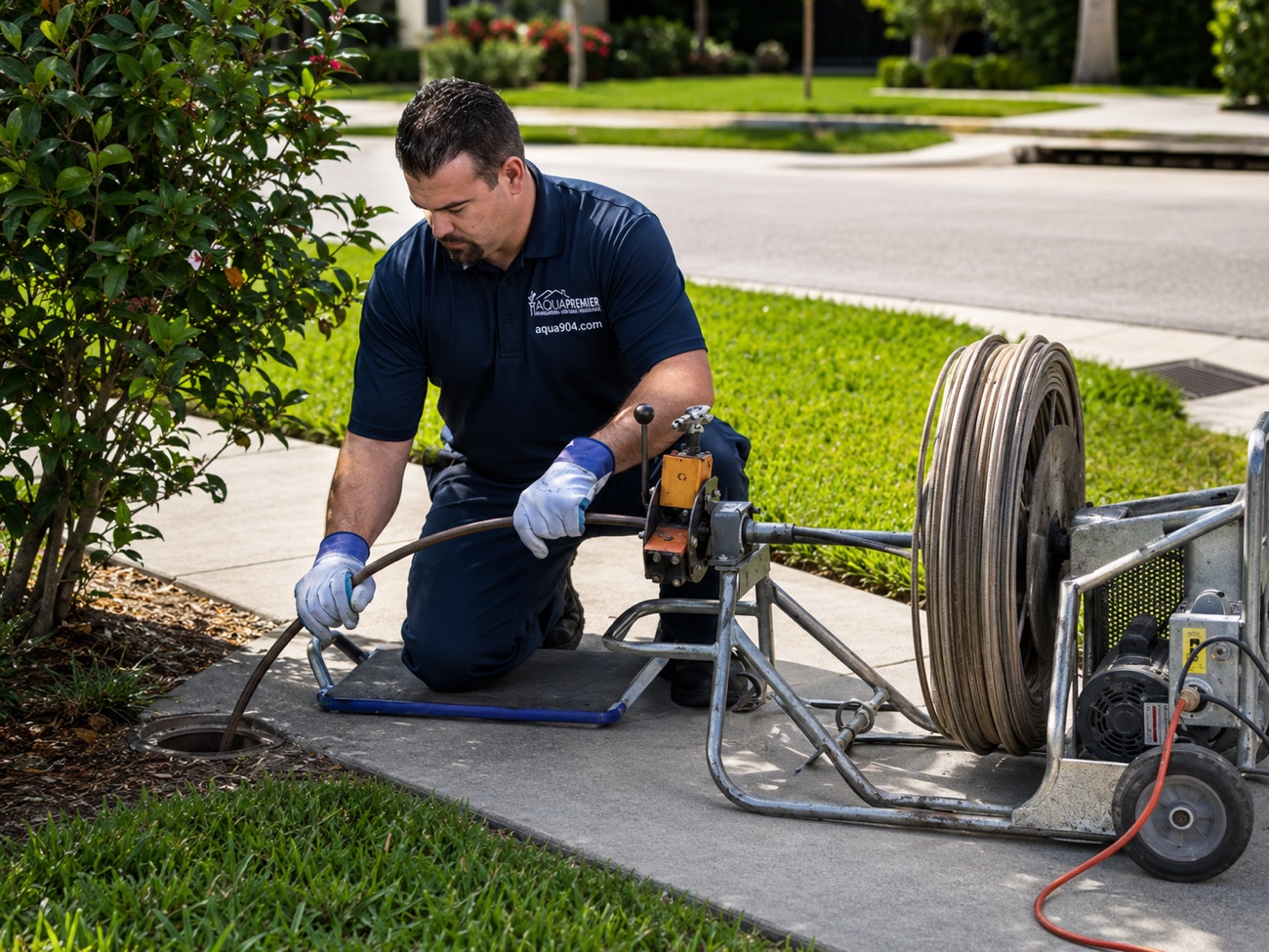 Aqua Premier technician jetting a clogged drain line at the curb — drain cleaning in Ponte Vedra Beach, Nocatee and Jacksonville