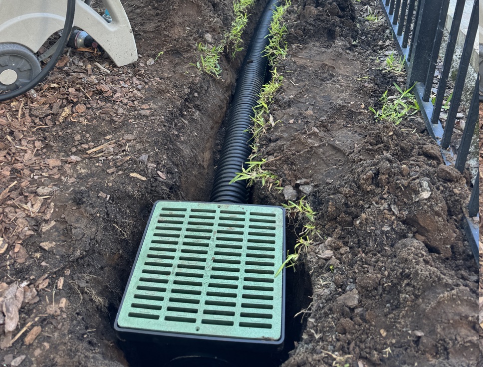 Catch-basin drain box and corrugated pipe set in a side-yard trench in Ponte Vedra Beach