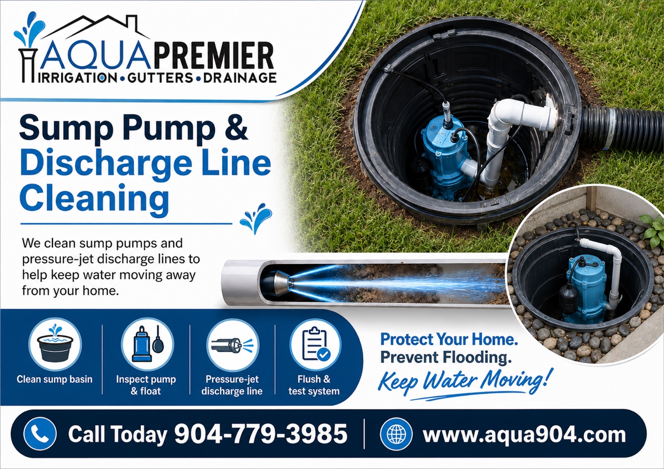 Aqua Premier Sump Pump & Discharge Line Cleaning — we clean the sump pump basin, inspect and test the pump and float, pressure-jet the discharge line, and flush and test the system to keep water moving away from your home. Call 904-779-3985.