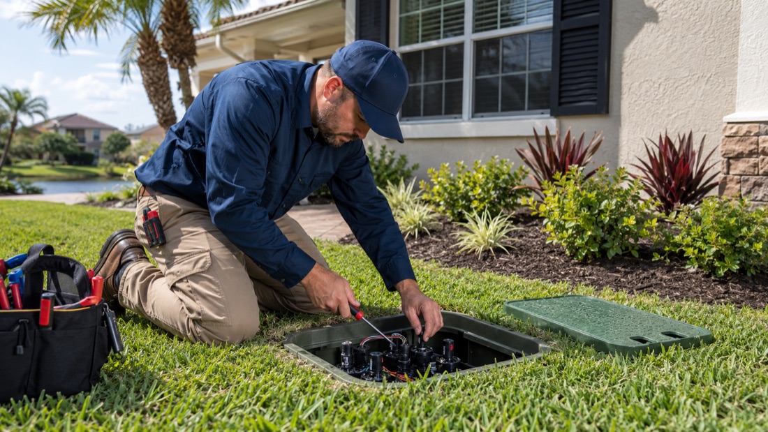 New sprinkler installation in Nocatee — Aqua Premier tech installing an irrigation valve manifold