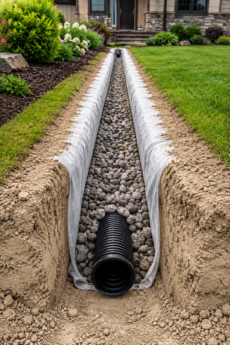 French drain installation with gravel and filter fabric in Nocatee