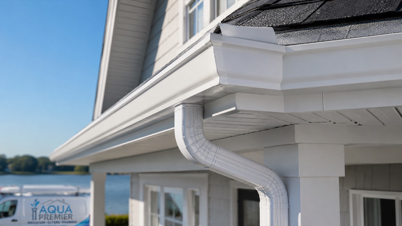 White seamless aluminum gutters and downspout on a waterfront Ponte Vedra Beach home (32082)