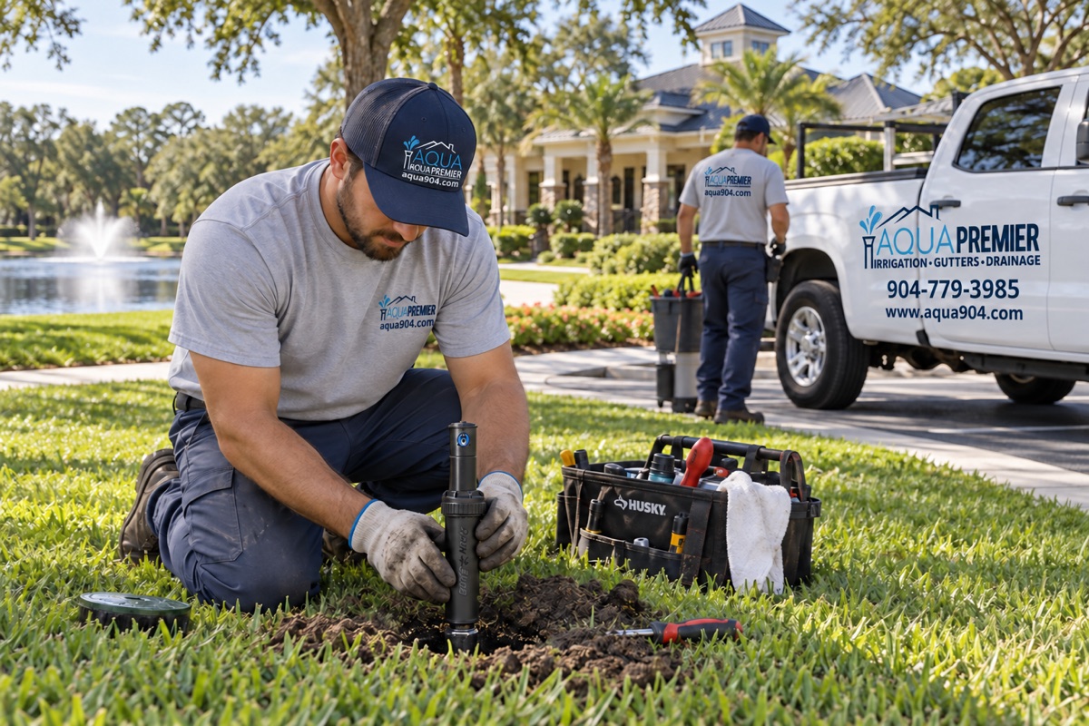 Technician repairing a sprinkler zone on HOA common grounds beside a service truck