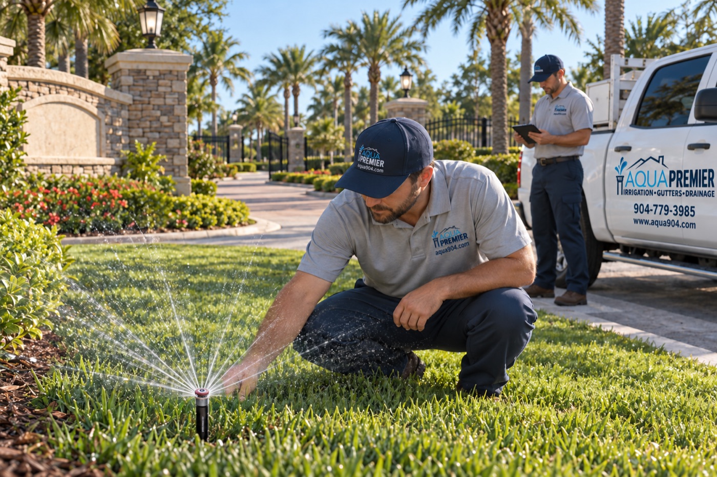 Irrigation technicians servicing sprinklers at an HOA community entrance