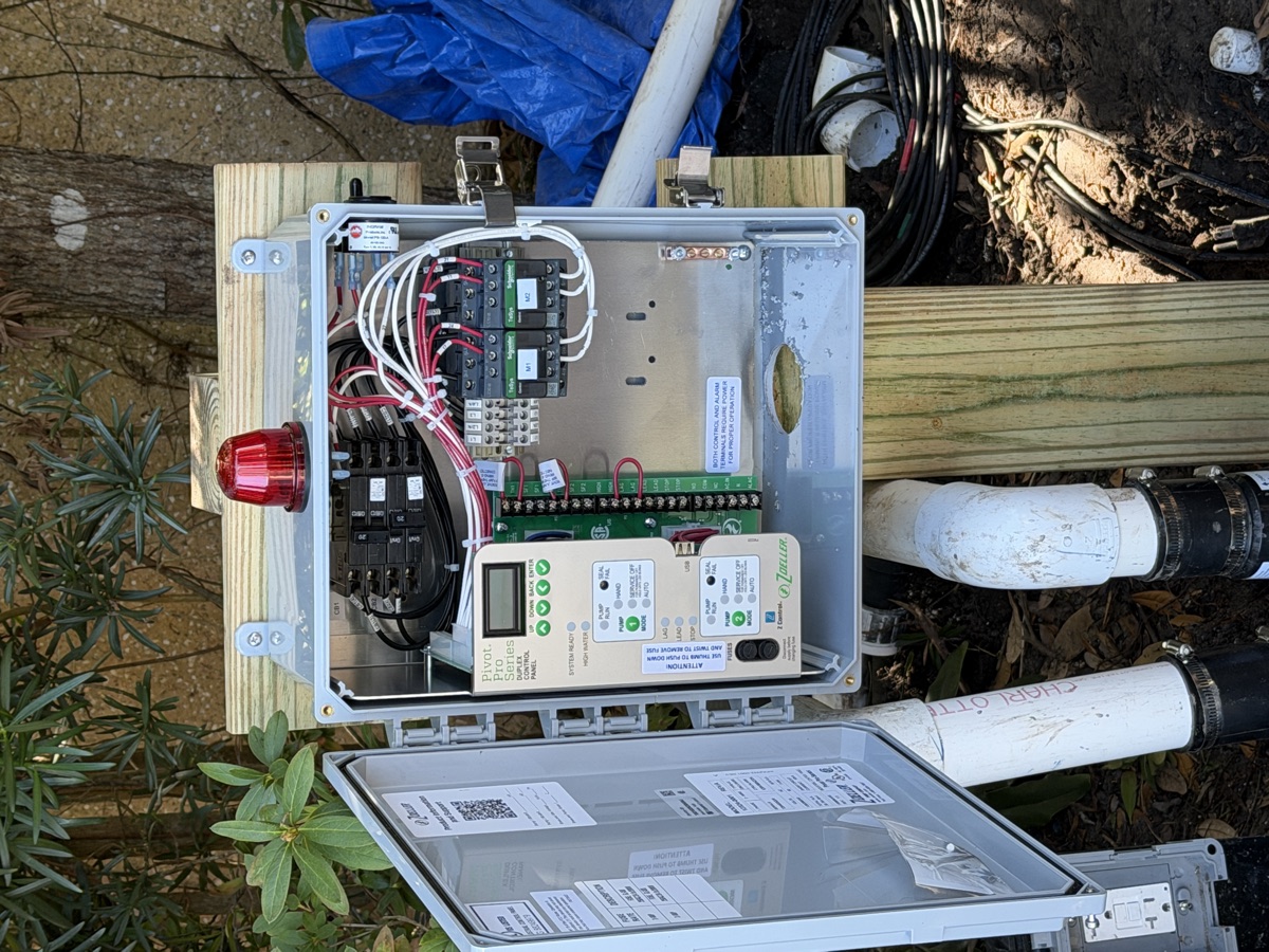 Commercial irrigation pump control panel with relays and controller on a St. Johns County property