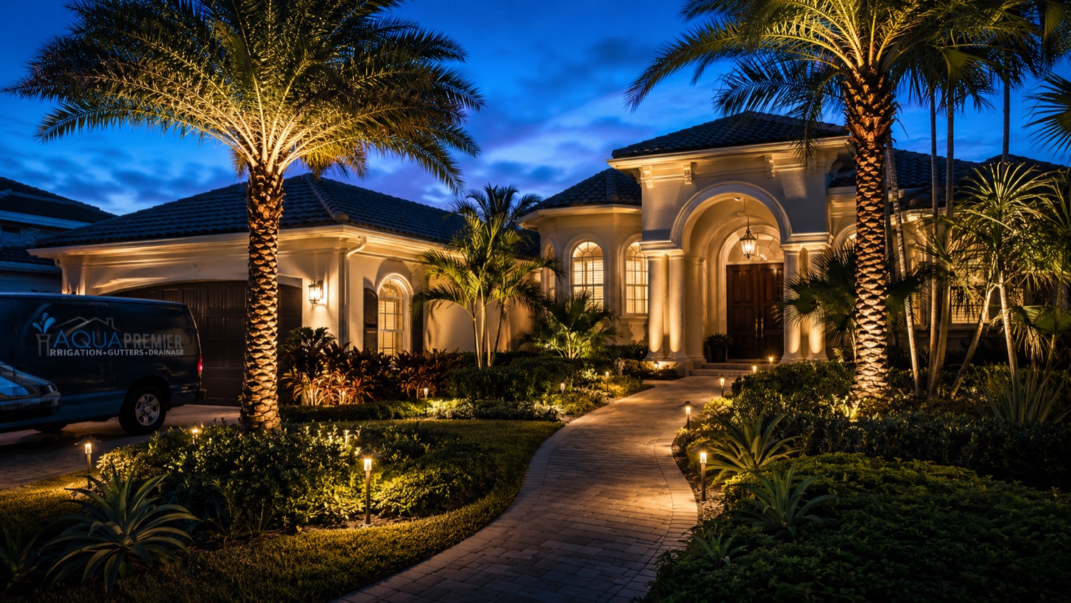 Low-voltage landscape lighting illuminating a Nocatee home, palms and walkway at dusk