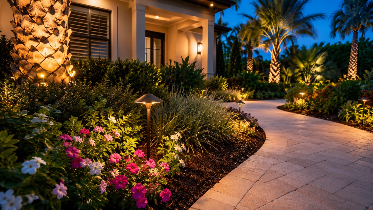 LED path lights and uplighting along a Nocatee front walkway at night