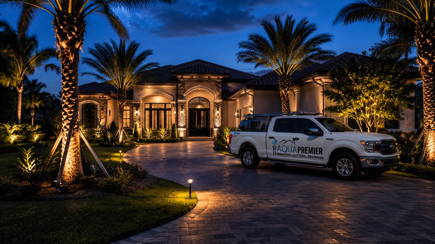 Landscape spotlighting accenting palms and architecture on a Nocatee home