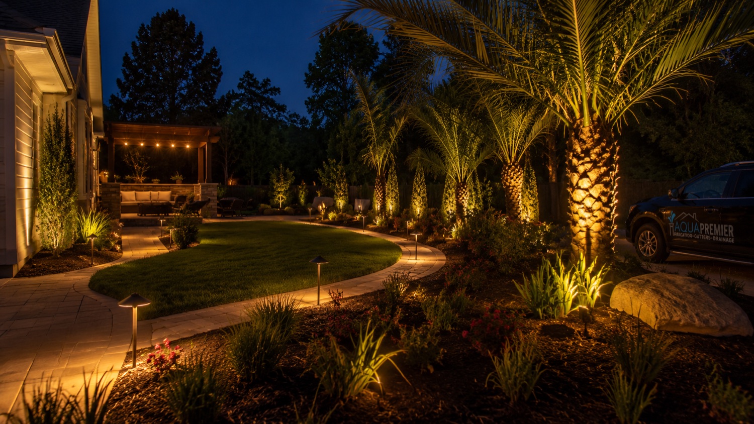 Outdoor landscape lighting system lighting a Nocatee home facade and driveway after dark