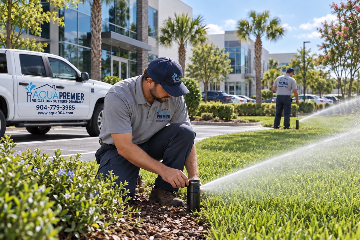 Technician adjusting a rotor at an office property with a service truck behind