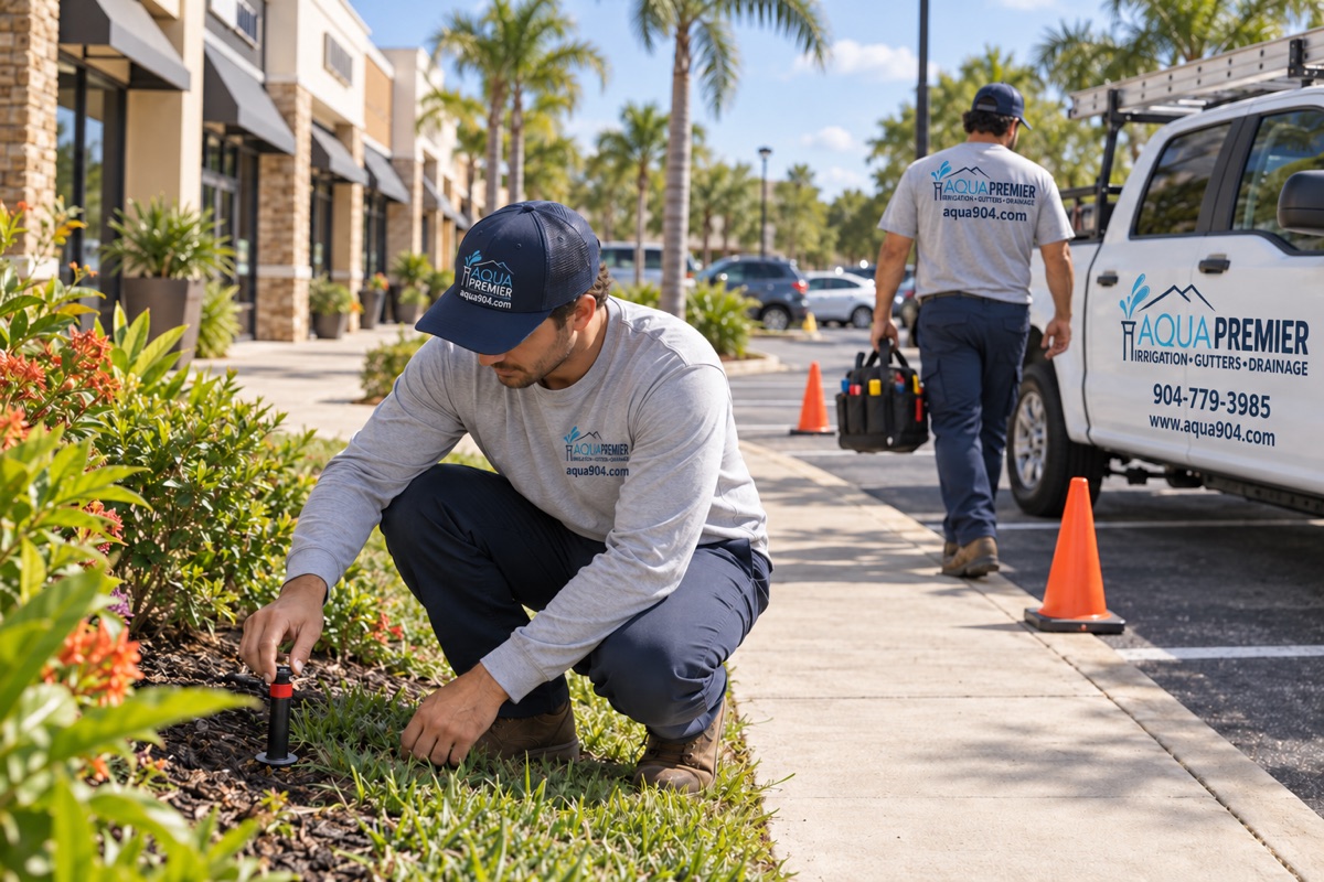 Technician repairing a sprinkler bed at a retail center sidewalk