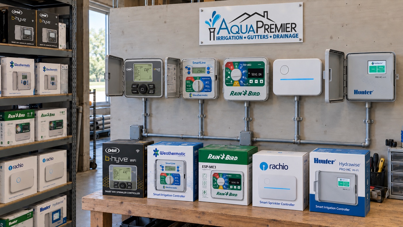 Rachio, Orbit B-hyve, Hunter Hydrawise, Rain Bird and Weathermatic smart irrigation controllers on the wall at Aqua Premier’s shop in Nocatee