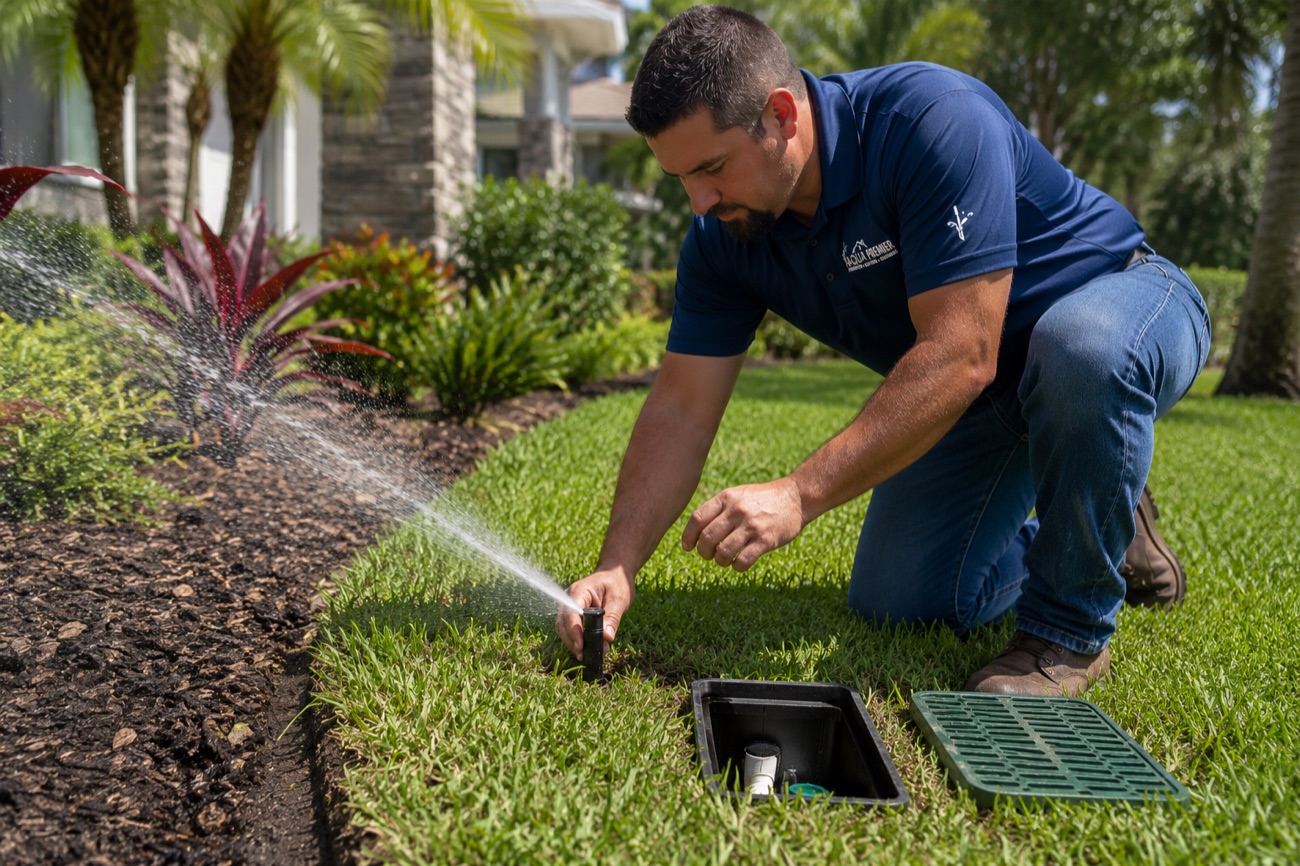 Aqua Premier technician diagnosing an irrigation zone in Ponte Vedra