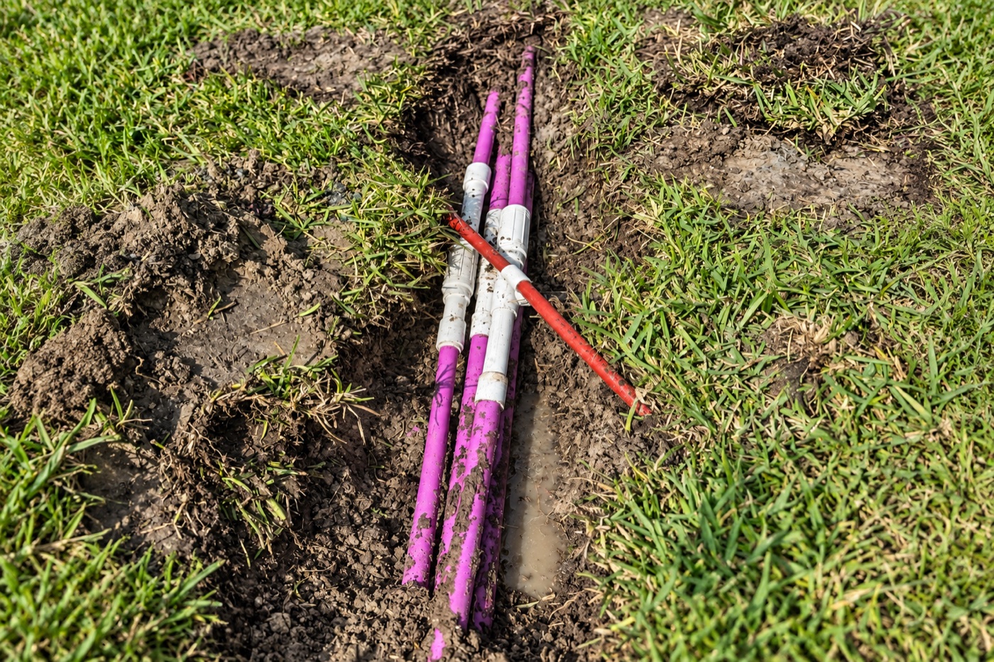 Repaired reclaimed-water PVC irrigation line with new couplings in a lawn trench in Ponte Vedra