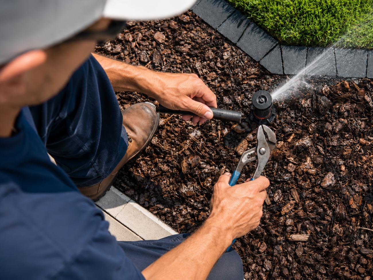 Technician adjusting a spray head with pliers during a sprinkler tune-up in Ponte Vedra