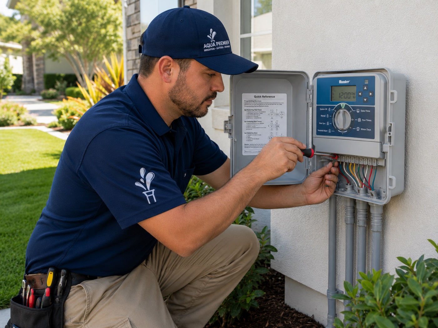 Technician at a smart sprinkler controller — Netro controller install & repair by Aqua Premier