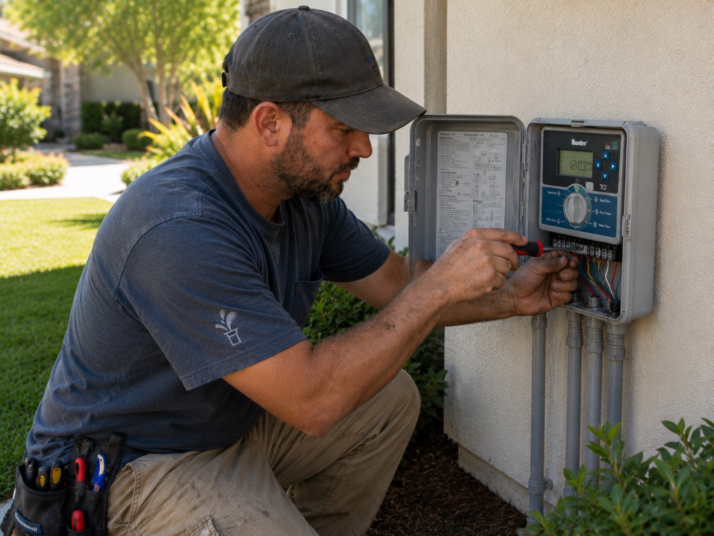 Aqua Premier technician wiring an irrigation controller (sprinkler timer) on a Jacksonville Beach home