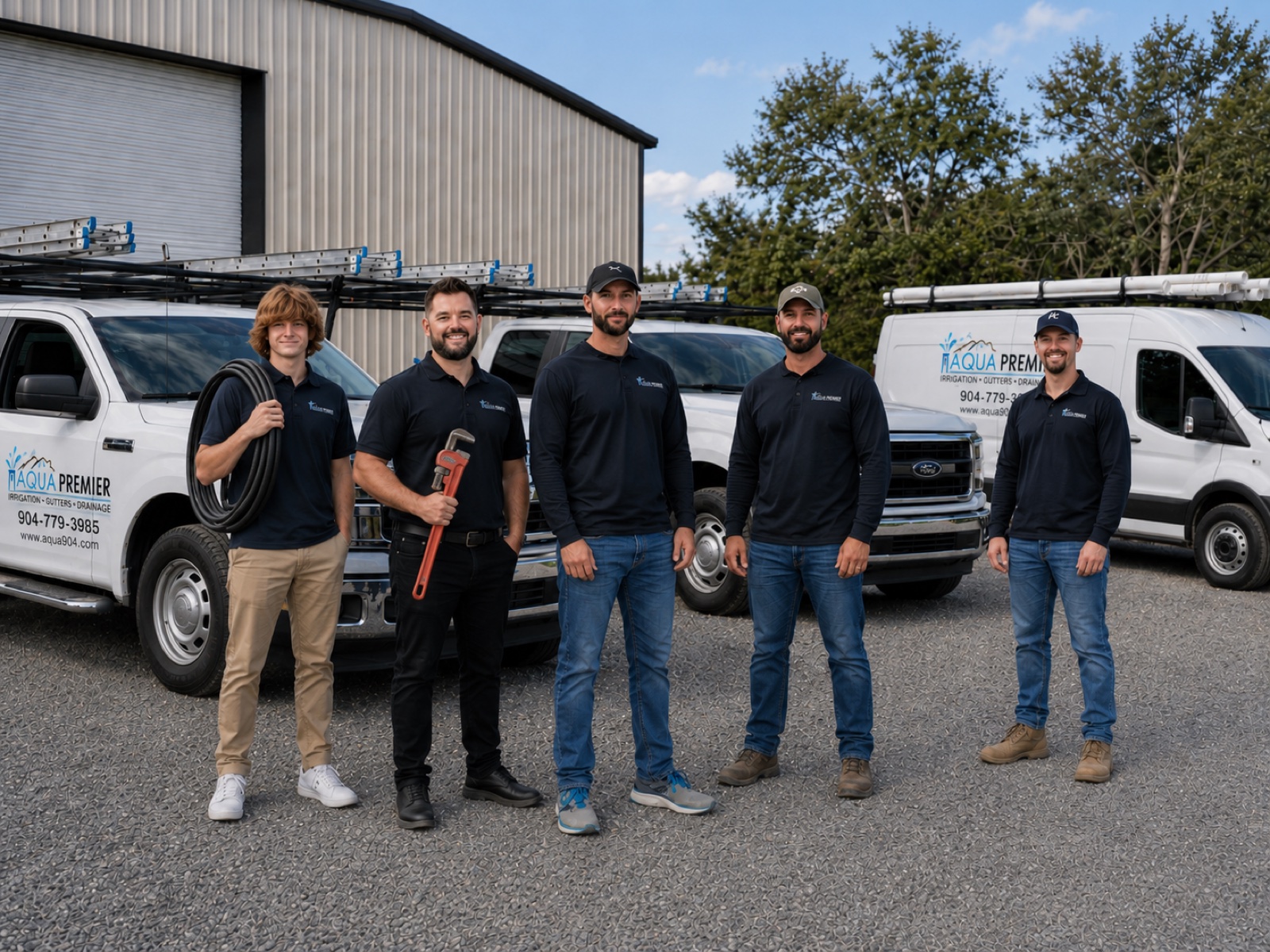Aqua Premier service trucks — family-owned sprinkler repair, seamless gutter and drainage company based in Ponte Vedra with its shop in Nocatee