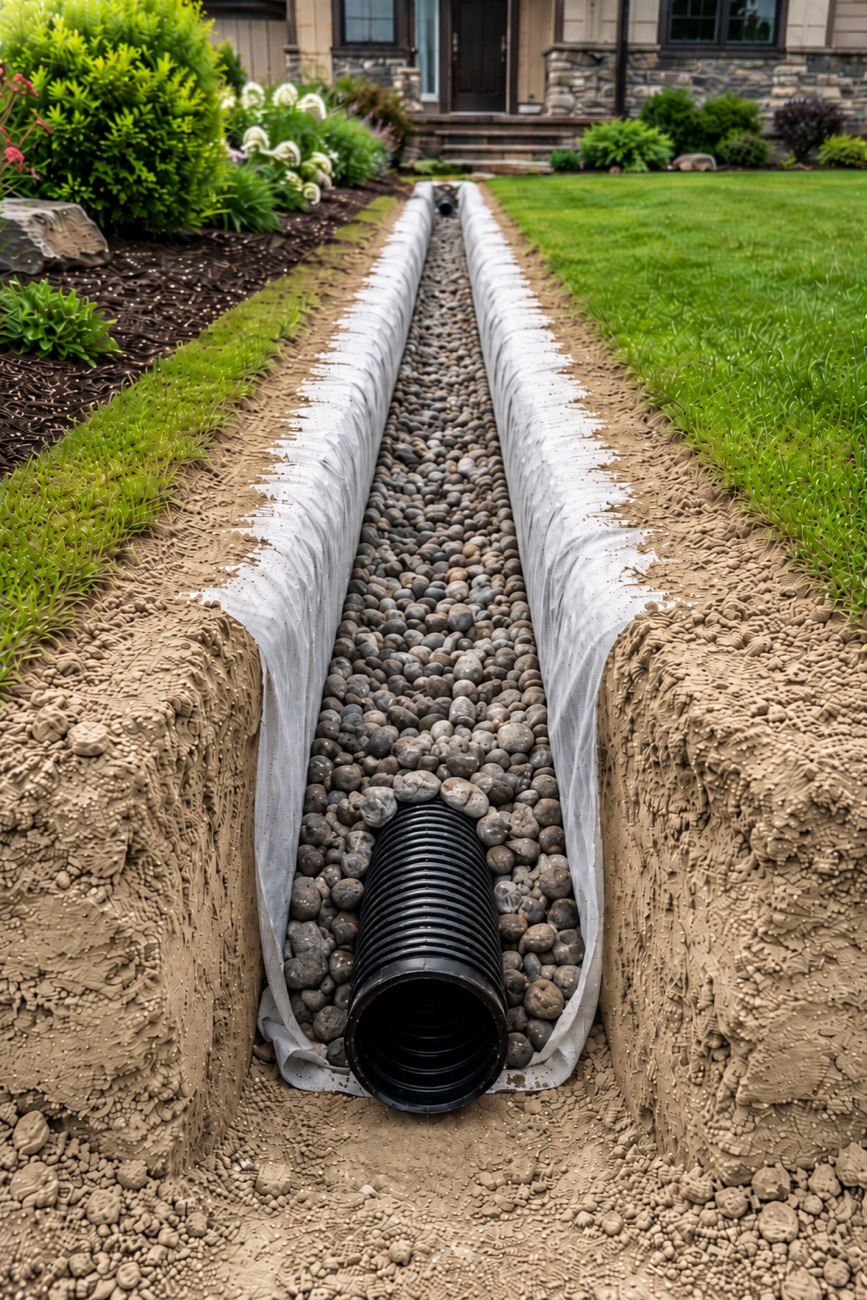 Gravel-filled French drain trench with perforated pipe pulling water out of a saturated Nocatee yard