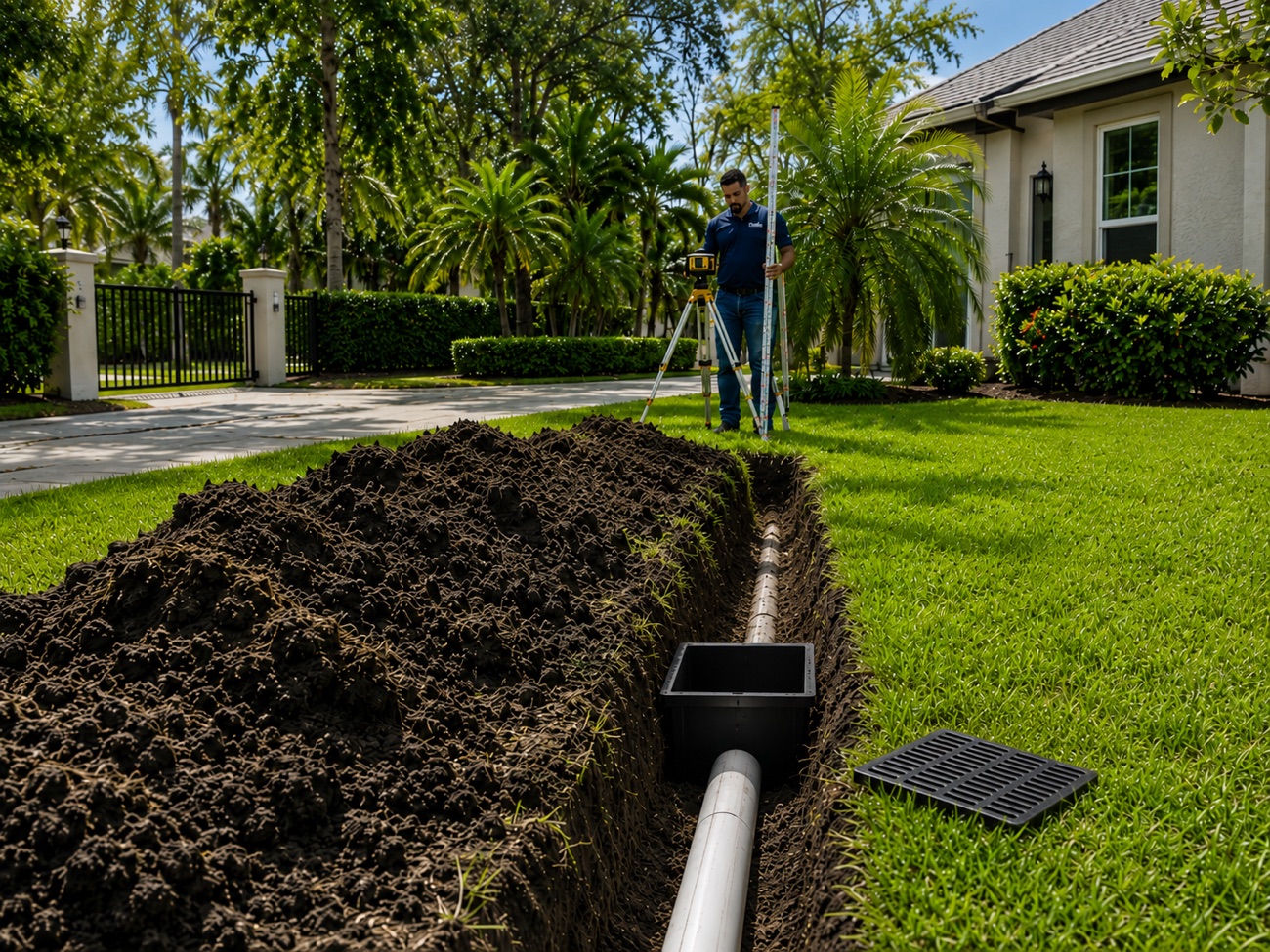 Technician laser-leveling a drainage line for correct fall on a Nocatee install